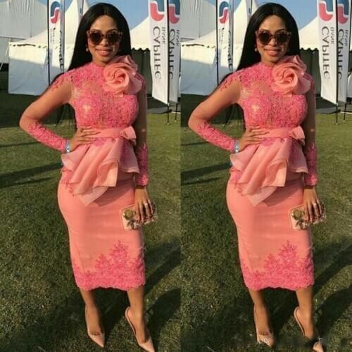 African Lace Appliques Prom Dresses With Handmade Flower Sheer Long Sleeves Tea Length Evening Gowns