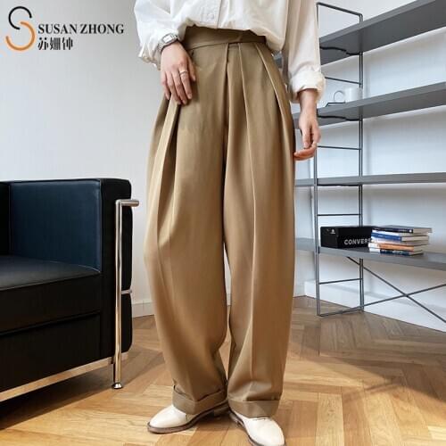 Women Trousers Female Ladies Long Suit Pants Autumn Winter High Waist Straight Loose Wide-Leg Pleated Pockets Zipper Fly Office