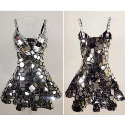 Full-body Silver Lens Mirror Dress Dance Costume Rave Outfit Nightclub Outfits Performance Costume Sexy Rhinestone Dress Girls
