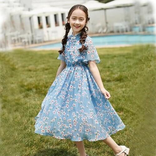 Elegant Floral Girls Dress Party Princess Girls Ruffle Dress Casual Kids Clothes Chiffon Short Sleeves Dress Childrens Vestidos