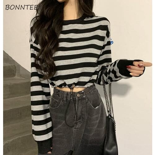 Striped T-shirts Long Sleeve Adjustable Hem BF Streetwear Retro Ulzzang Preppy Style Girl Crop Top Tees Daily Leisure New Spring