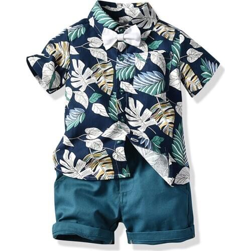 NEW Summer Casual Hawaiian Outfits Kids Boys Gentleman Clothes Sets Infant Kid Leave Floral Short Sleeve Shirt Top+Shorts Suits