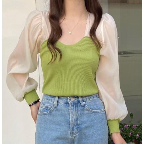 Korean Temperament Was Thin Square Neck Top Womens Mesh Yarn Contrast Stitching Fake Two-piece Slim Puff Sleeve Sweater DK1232