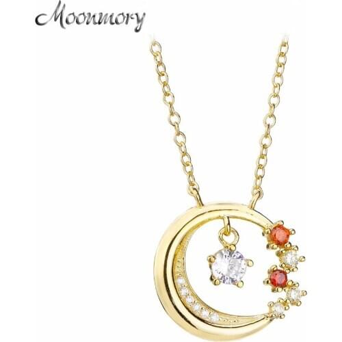 Moonmory 100% Real 925 Sterling Silver Orange Zircon CZ Crystal Moon Pendant Necklace Japan Best Gift For Women Wedding Jewelry