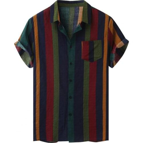 Summer Men Shirt Short Sleeve Stripe Plus Size Casual Single-breasted Lapel Hawaiian Shirts Beachwear