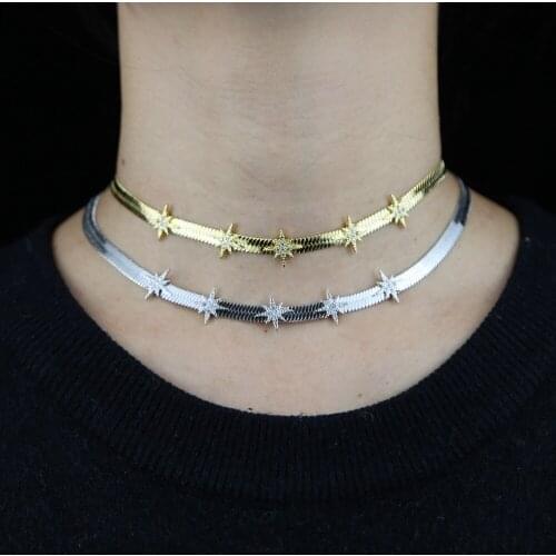 Minimalist 5mm Flat Snake Bone Necklaces Gold Silver Color Bezel Bling Cz North Star Necklace For Women Punk Twist Chocker Chain