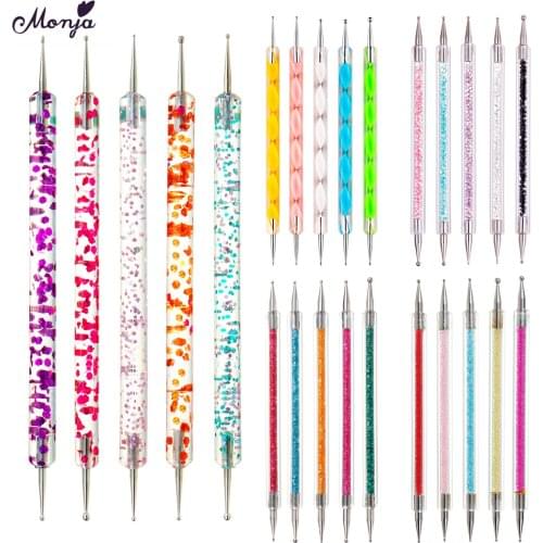 Monja 5Pcs/Set Dual End Acrylic Handle Rhinestone Dotting Tool Picking Pen Nail Art Tips DIY Painting Carving Brush Manicure Kit
