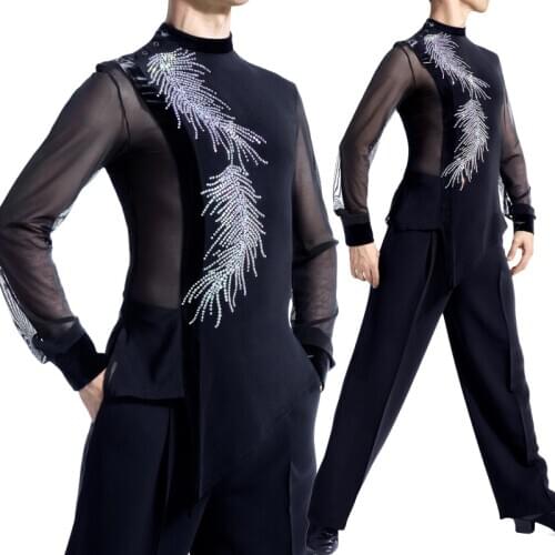 Latin Dance Top For Men Phoenix Wing Pattern Crystal Samba Dance Dress Practice Shirt Professional Competition Clothing DNV13908