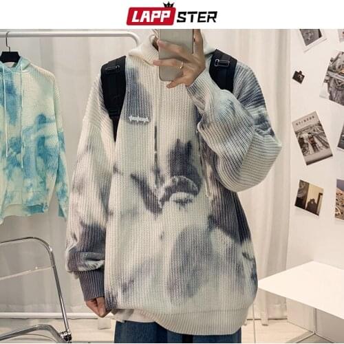 LAPPSTER Men Tie Dye Oversized Knitted Sweater 2021 Mens Harajuku Vintage Y2k Pullovers Male Streetwear Distressed Kpop Sweaters