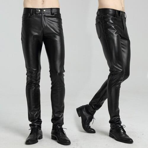 New Korean fashion nightclubs tight motorcycle PU leather pants men pants men leather pants men leather motorcycle pants