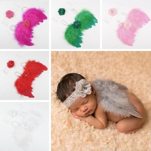 Newborn Photography Props Cute Baby Angel Feather Wing with Flower Lace Headband Costume Set Infant Girls Festival Decoration