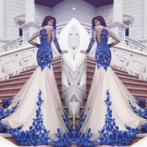 Blue Muslim Evening Dresses Mermaid Long Sleeves Tulle Appliques Dubai Saudi Arabic Long Evening Gown Prom Dress