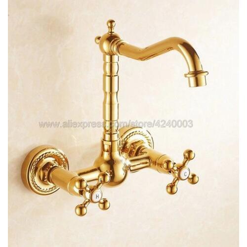 Basin Faucets Gold Brass Wall Mounted Kitchen Bathroom Sink Faucet Dual Handle Swivel Spout Hot Cold Water Mixer Tap Kgf010
