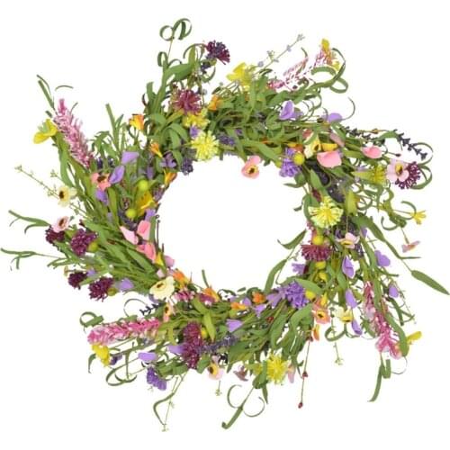 Artificial Lavender Daisy Wreath Spring Summer Faux Floral ,19.6 Inch Wreath Front Door Hanging Garland for Indoor Outdoor