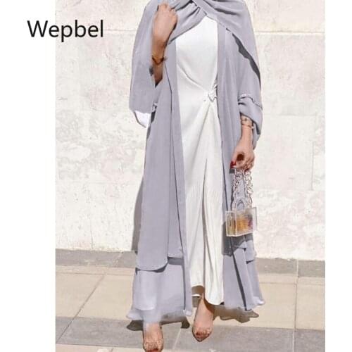 Wepbel Women Cardigan Robe Long Sleeve Muslim Dress Solid Color Lace Up Slim Fits Kimono Trim Cardigan Dress