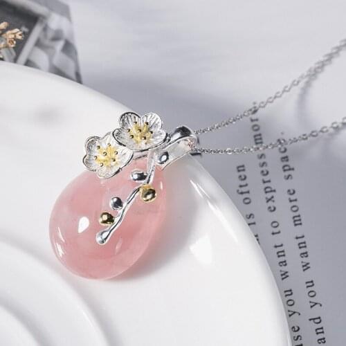 925 sterling silver inlaid natural pink crystal plum blossom fresh temperament wild choker womens silver crystal pendant