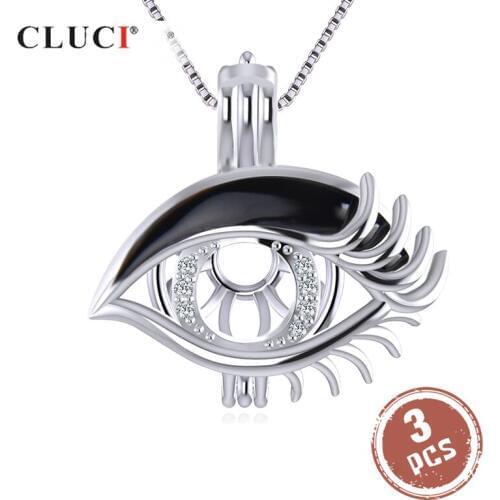 CLUCI 3pcs Real 925 Sterling Silver Black Eye Enamel Cage Pendant Gift Jewelry for Women Silver 925 Eyes Pearl Locket SC315SB