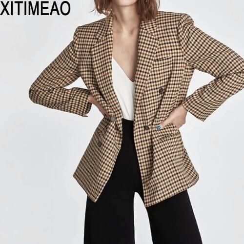 ZA Women 2020 Fashion Office Wear Double Breasted Blazers Coat Vintage Long Sleeve Pockets Female Outerwear Chic Tops