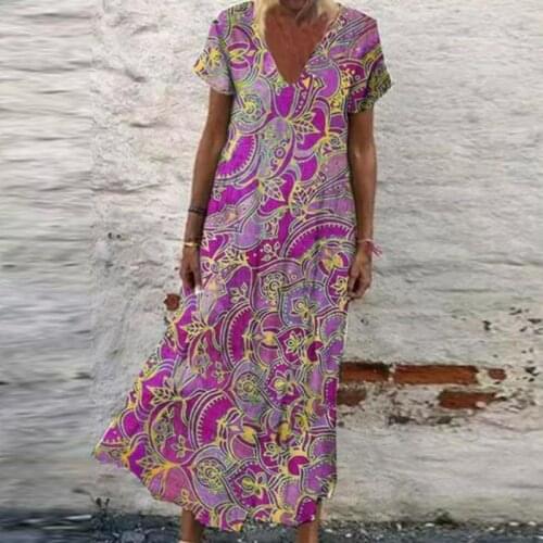 2021 New Beach Style Ladies Floral Print Long Elegant V Neck Party Dress Streetwear Plus Size Female Loose Dress Vestidos