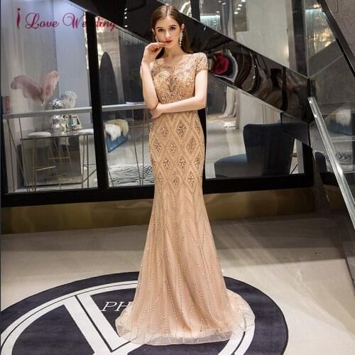 Luxury Elegant Handmade Champagne Heavy Beaded Evening Dresses for Womem Short Sleeves Celebrity Party Gowns 2021 robe de soiree