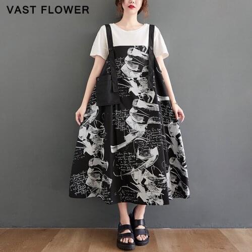 Vintage Print Pattern Black Straps Dress Women New Sleeveless Loose Casual Elegant Dress Vestidos Fashion Clothes Summer 2021