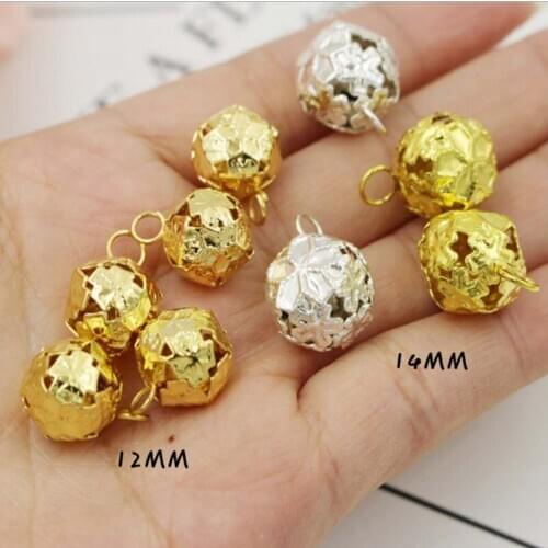 Gold Silver 12MM 14MM Hollowe Sakura Flower Jingle Bell Charm Pendant Jewelry Craft Home Party Decor