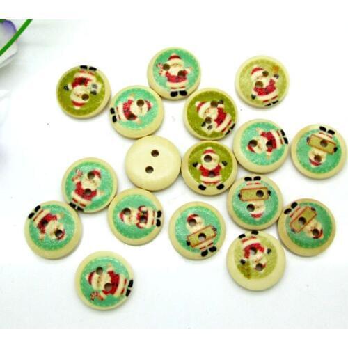 100pcs 15mm Mixed Natural Round Santa Claus Series Pattern Wooden Buttons For Clothes Crafts Sewing Scrapbooking DIY Accessories