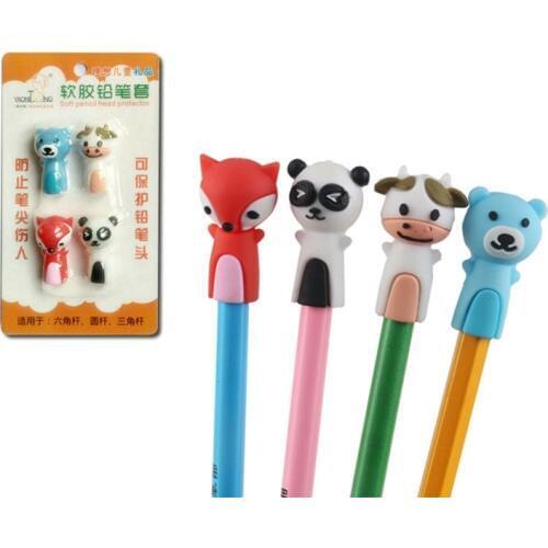 4 Pcs/set Random Color Mixed Cartoon Silicone Pencil Cap Pencil Topper Protection Anti-rolling Pencil Extender