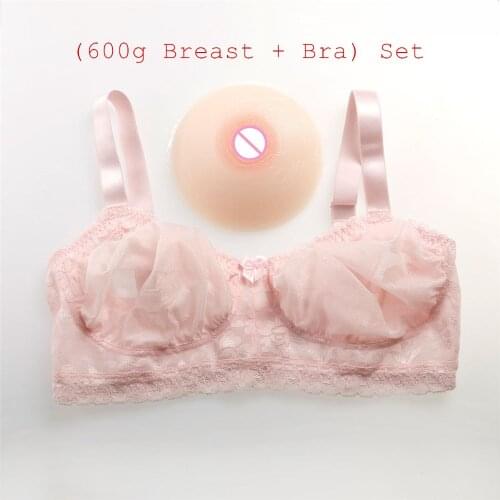 600g/pair Silicone Breast Beige+Sexy Transparent Lace Pocket Bra Pink) Crossdresser Shemale Bra and Silicone Boobs Set B Cup
