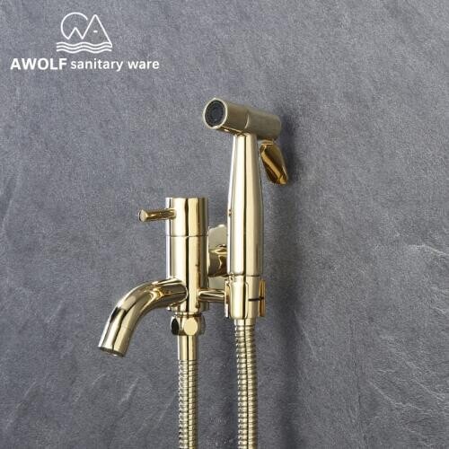 Toilet Douche Kit Shattaf Hand Held Bidet Sprayer Shiny Light Gold Solid Brass Faucet Stainless Steel Sprayer Shower AP2208