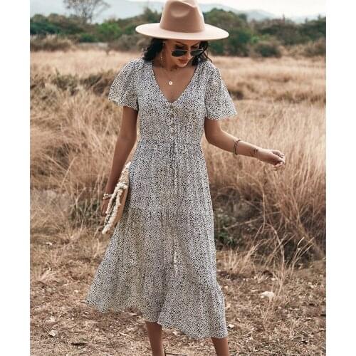 Womens Wave Dot V-neck Dress Short Sleeve High Waist Flowy Dress for Party Beach Summer TT@88