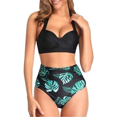 #H30 Women Vintage Swimsuit Two Piece Retro Halter Ruch High Waist Bikini Set Leaf Print Push Up Bikini Swimming Suit For Women