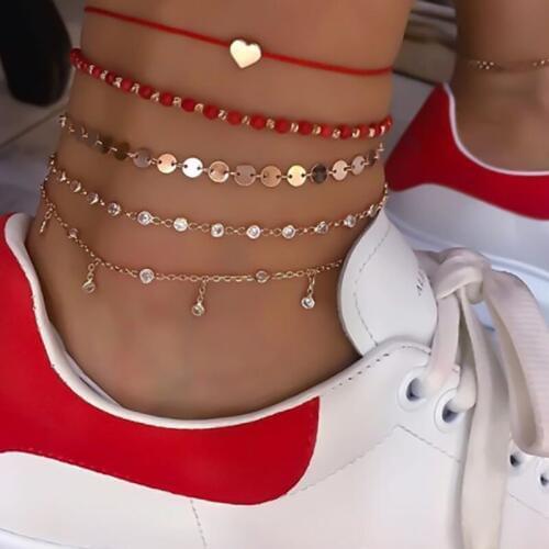 HuaTang 5pcs Boho Crystal Strand Beads Anklet Set Women Multilayer Love Heart Sequin Adjustable Foot Chains Female Beach Jewelry