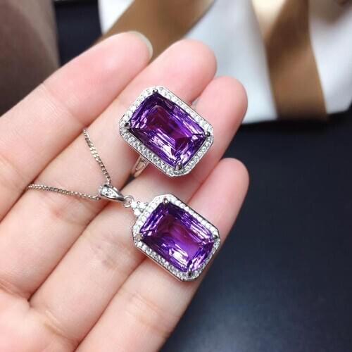 Big size natural amethyst /citrine gemstone ring and necklace jewelry set real 925 silver purple yellow color girl birthday gift