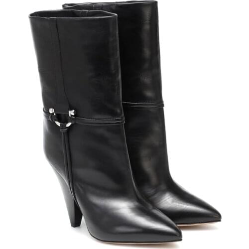 MKKHOU Fashion Short Boots Women 2021 New Genuine Leather Pointed Toe Cone-shaped Heel 7cm High Heel Mid-Tube Boots Show Boots