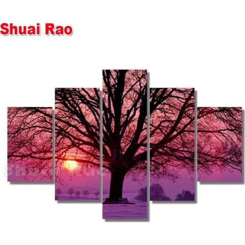 Multi-Panel diamond mosaic red tree,5 d diy painting diamond 5 Pieces diamond embroidery full round diamond art Sunset scenery