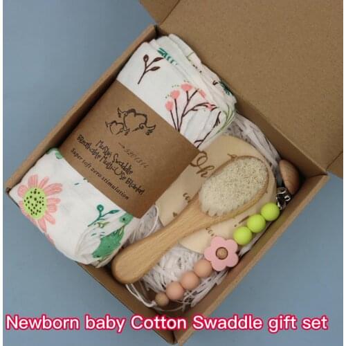 Fashion Silicone Pacifier Clip with Cotton Swaddle Blanket Wooden Brush New Born Baby Gift Set