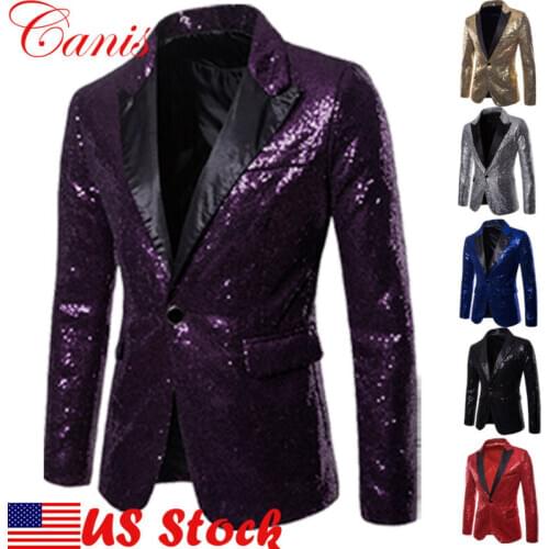 Men Slim Fit Formal Suit Sequin Blazer Coat Shining Jacket One Button Tops Stage Performer Formal Host Suit Purple Gold Silver