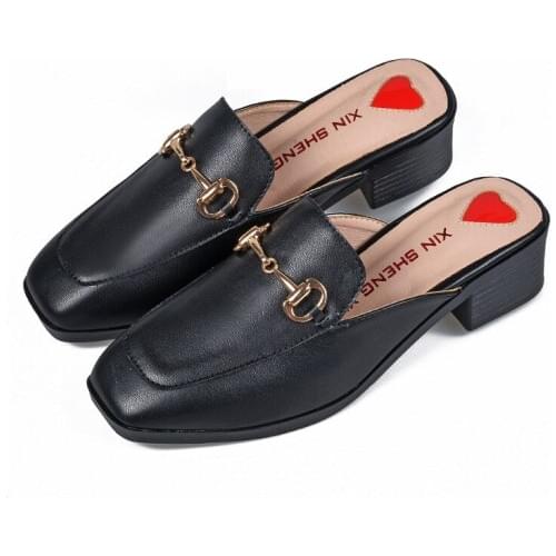 2019 Summer Fashion Genuine Leather Mules Block Heels Shoes Woman Slipper Modis Black Casual Shoes Women Ladies Sliders Female