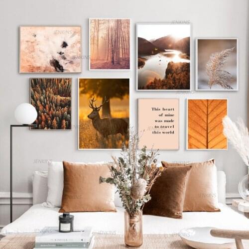 Waterfall Autumn Leaves Forest Deer Lake Reed Wall Art Canvas Painting Nordic Posters and Prints Wall Pictures for Living Room