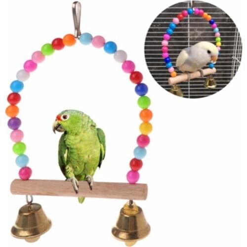 Natural Wooden Birds With Colorful Beads Bells Bird Supplies Perch Parrots Hanging Swing Cage