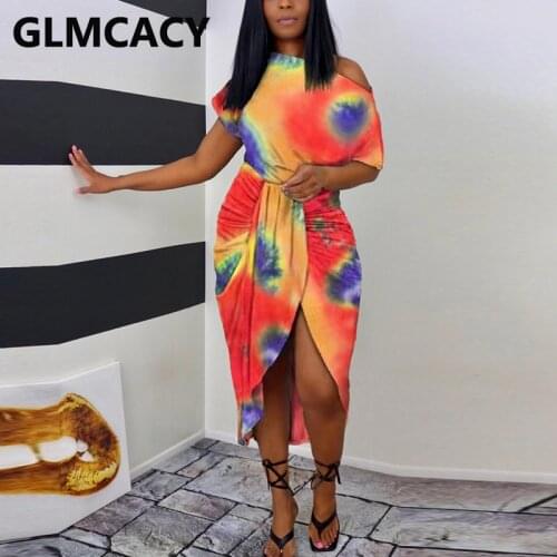 One Shoulder Tie Dye Bodycon Midi Dress Elegant Evening Party Dresses