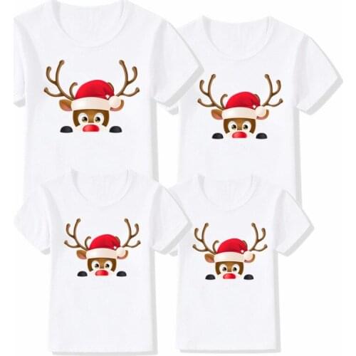 1pc Family Matching Mother Father Kid Christmas Clothes Family Look White Short Sleeve Tops Reindeer Xmas Boy Girl Clothes