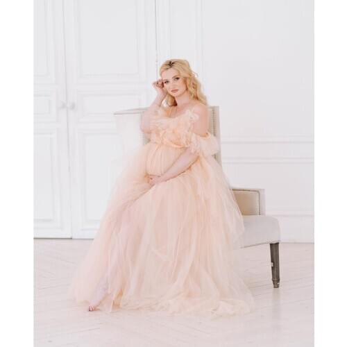 Off Shoulder Tulle Brown Maternity Dress Photo Session Gown Long Train Pregnancy Family Photo Shoot