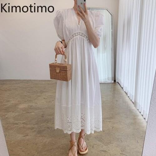 Kimotimo Korean Chic Solid Dress Women Summer Temperament V-neck Lace Patchwork Hollow Out Folds Loose Lantern Sleeve Dresses