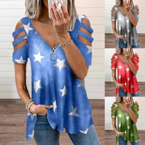 Plus Size Women Fashion Loose Casual short sleeves Hollow out V neck zipper Floral print Star print summer tshirt tops blou