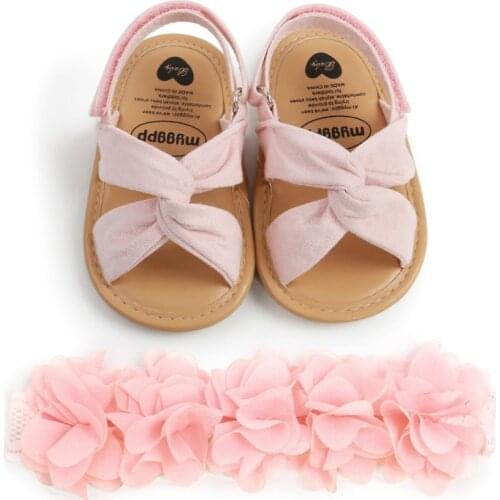 Summer Newborn Baby Girl Sandals +Headband PU Soft Sole Flat Shoes Infant Non-Slip Solid Color First Walkers Kid Shoes
