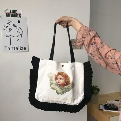 Japanese Vintage fashion casual large capacity shoulder bag angel cartoon female canvas art Preppy Fashion new bags