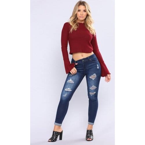 Women Jeans Spring Brazilian Sexy Bodycon Pull Hip Ripped Hole Washed Blue Denim Pencil Pants Mid Waist Stretch Elastic C3088