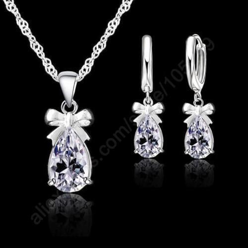 Women Romantic Wedding Bridal Crystal Jewelry Sets 925 Serling Silver Clear CZ Pendant Necklace Earrings Wholesale
